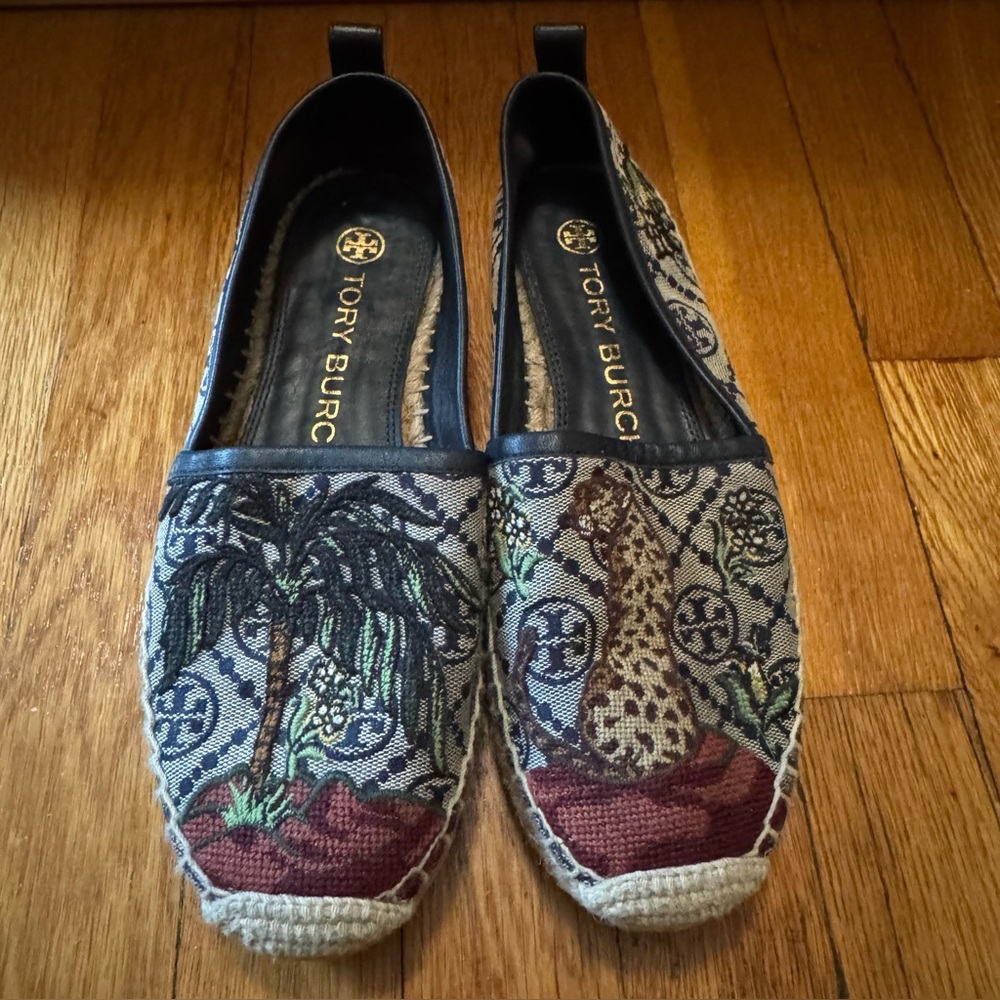 Tory Burch T Monogram Platform Cheetah Needlepoint Espadrilles